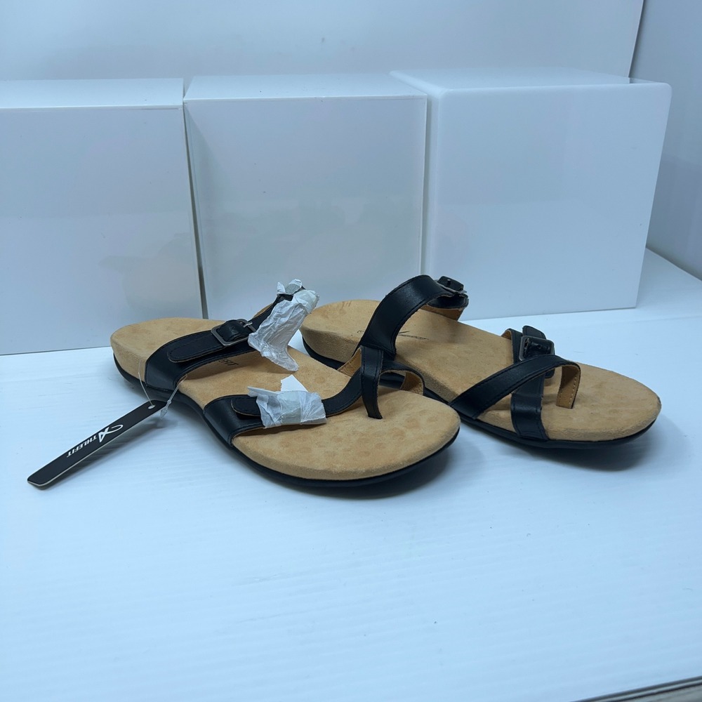 Athlefit Womens 9 Black Orthotic Strappy Buckle Toe Loop Comfort Sandals New